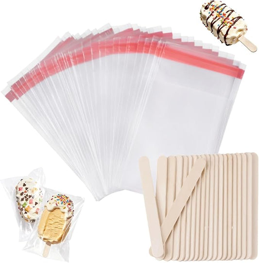 Ozera 200 Pcs Ice Pop Bags and Popsicle Sticks, Cakesicle Bags with Sticks | Clear Self-adhesive Cake Pop Bag, Candy, Chocolate Cookie, Family Gathering Party