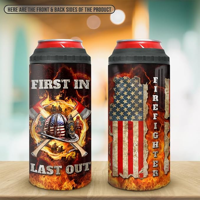 SANDJEST Firefighter Tumbler American Flag 4 in 1 12oz Tumbler Can Cooler Coozie Skinny Stainless Steel Tumbler Gift for Firemen Fire Department Dad Men Father Graduation Retirement