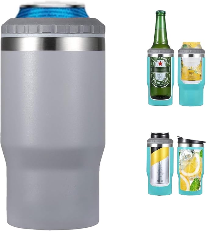 4 in 1 Stainless Steel Can/Bottle Insulator, 14oz Two-Way Lids SUS Insulated Can Cooler, Beer Bottle holder (Grey)