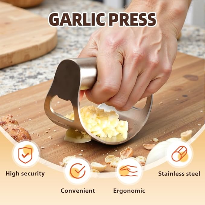 2026 New Garlic Press Rocker, Upgrade Garlic Press Stainless Steel, Portable Manual Stainless Steel Garlic Press Rocker, Innovative Garlic Crusher with Peeler and Scraper (1)