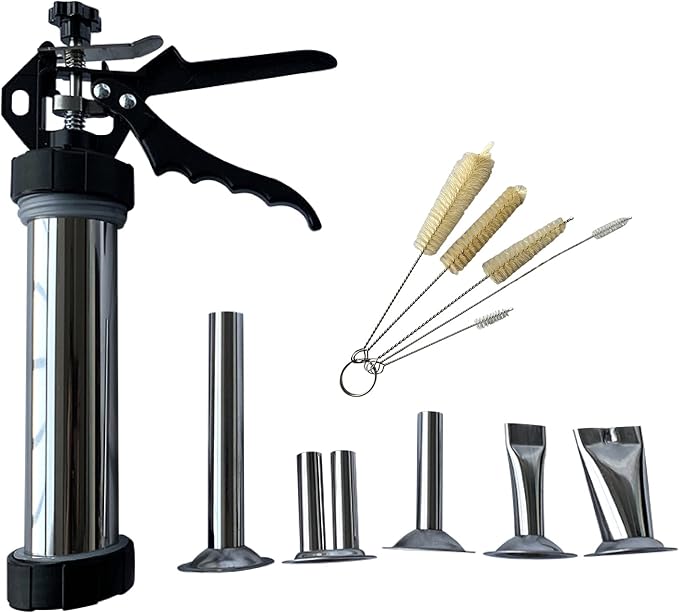 9 Inch Stainless Steel Jerky Gun, Meat Injector, To Make Jerky Meat Squeeze Gun Beef Gun Patties Gun, Jerky Gun Kit With 5 pcs Stainless Steel Nozzles Kits