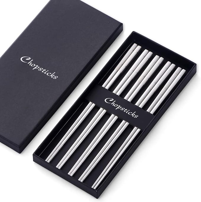 Buyer Star 5-pair Stainless Steel Chopsticks - Silver Metal Reusable Chinese Square Chopsticks