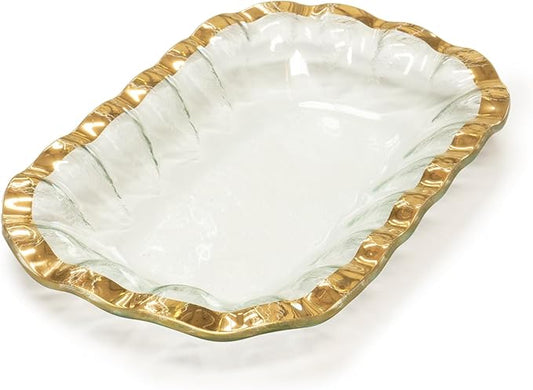 Annieglass Ruffle 11.25 x 7 Inch Rectangular Bowl with 24k Gold, Timeless Glass Tableware for all Occasions, Made in the USA