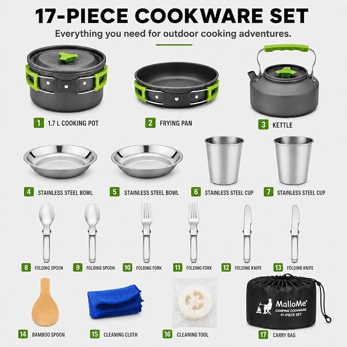 MalloMe Camping Cookware Mess Kit for Backpacking Gear – Camping Cooking Set - Camping Pots and Pans Set - Backpacking Stove/Portable Stove Compatible - Camp Kitchen Equipment Accessories Pot