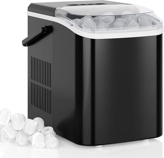DUMOS Countertop Ice Maker with Handle, 26lbs/24H Portable Ice Machine, 9 Bullet Cubes Ready in 6 Mins, Self-Cleaning, Quiet Compact for Home, Kitchen, RV, Camping, Modern Black