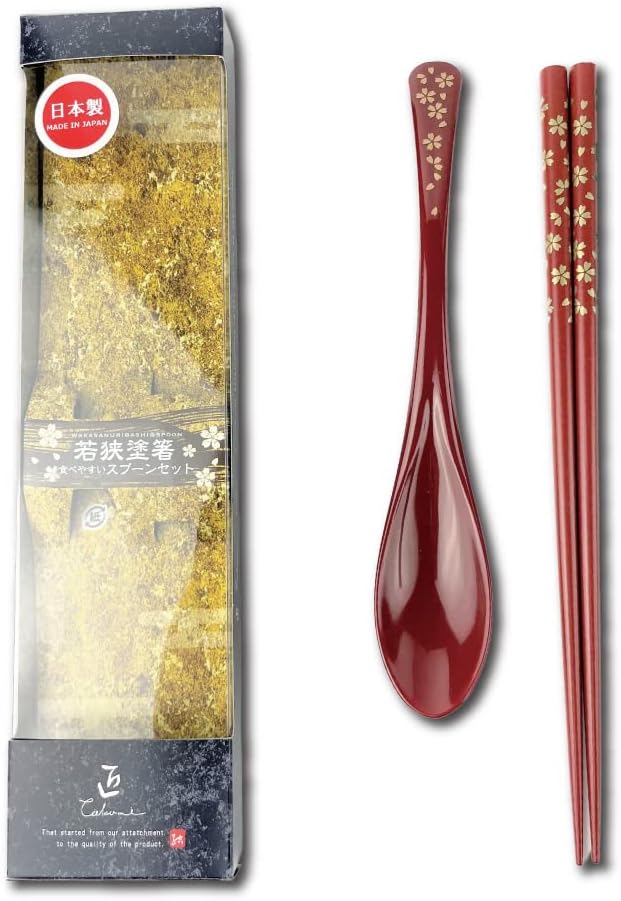Premium Japanese Chopsticks with Spoon Reusable [ Made in Japan ] Traditional Lacquer Art Wooden Chopsticks (Gold Flower RD(YM2002))