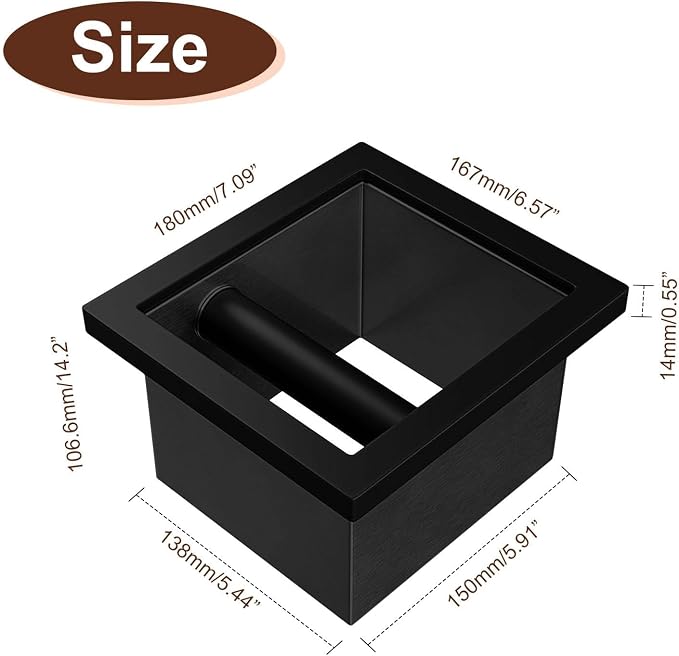 Bottomless Knock Box Espresso, Embedded Coffee Knock Box, Stainless Steel Countertop Espresso Grounds Container for Commercial Cafes Restaurants Home, 5.44 x 5.91” (Black)