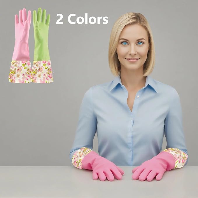 KINGFINGER Rubber Latex Waterproof Dishwashing Gloves for Kitchen,Precision Flocking Household Cleaning Gloves 2 pairs