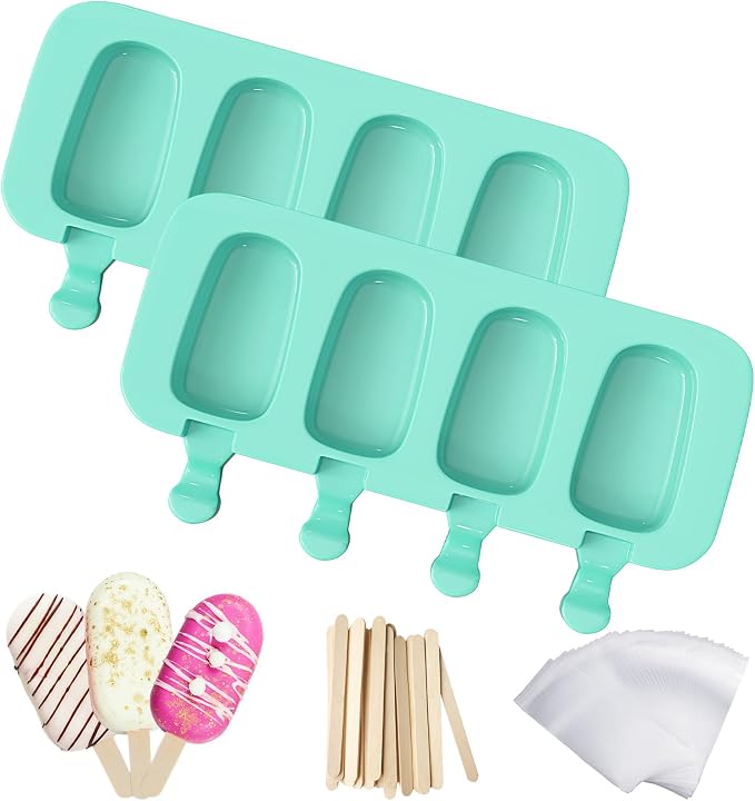 Ozera 2 Pack Silicone Popsicles Molds, Cake Pop Molds, Green | Popsicles Maker, 4 Cavities Oval, with 50 Wooden Sticks & Bags, Reusable, Easy to Release