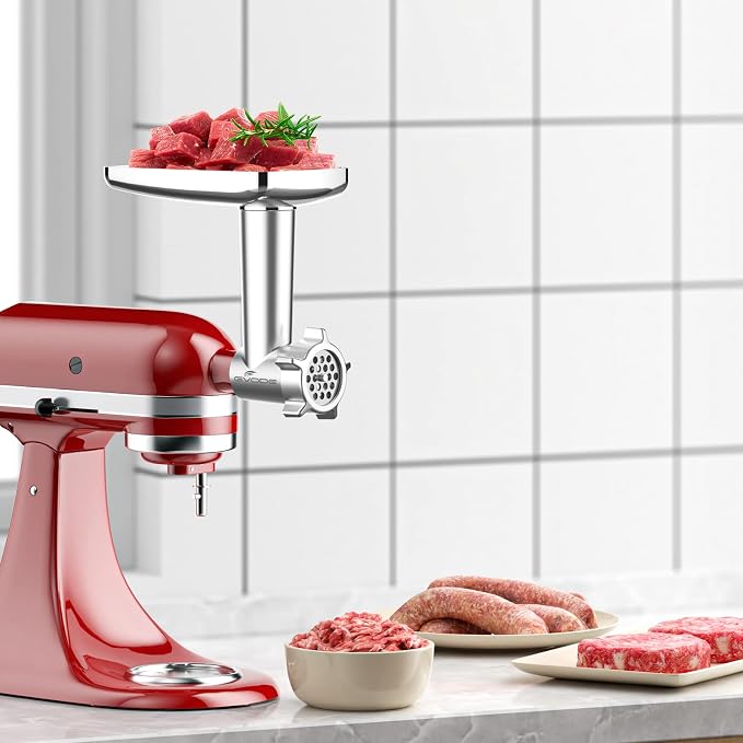 GVODE Metal Meat Grinder Attachment for KitchenAid Stand Mixer,Food Grinder | Meat Grinder for Kitchen Aid Includes 4 Grinding Plates, 3 Sausage Stuffer Tubes, 2 Grinding Blades