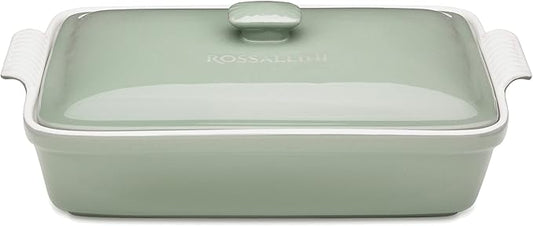 Stoneware Casserole Dish Bakeware Set with Lid, Covered Rectangular Dinnerware, Extra Large 4.23 Quart, 13 by 9 Inch, Verde Salvia [Sage Green]