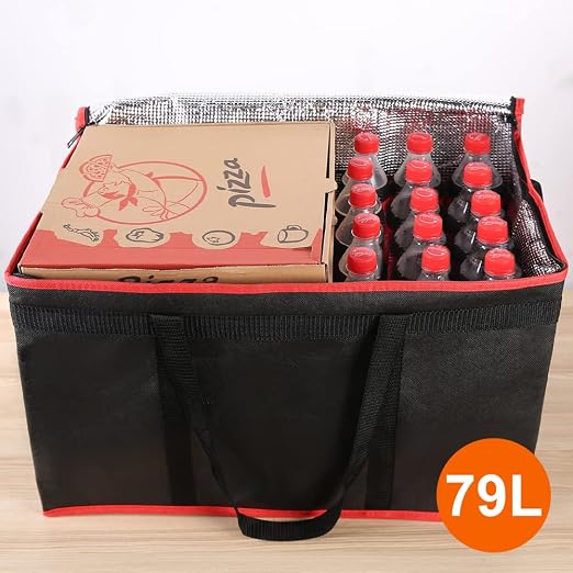 Bodaon 2-Pack Insulated Food Delivery Bag for Hot and Cold Meal, XXX-Large Shopping Cooler Bags, Grocery Tote Insulation Bag for Catering, Pizza Warmer, Black with Red Edge