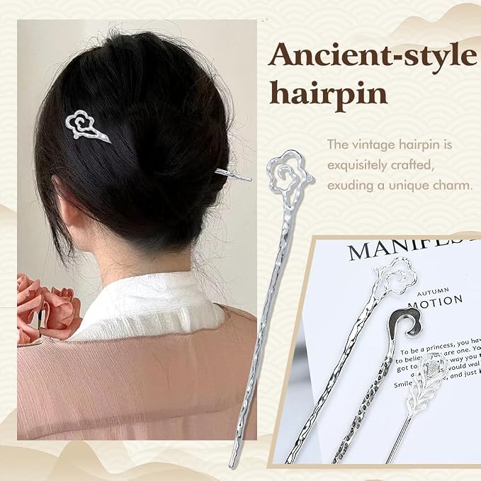Lawie 10 Pack Silver Metal Hair Sticks Chopsticks Hair Pins Chinese Asian Hanfu Decorative Long Retro Hair Clips Snakes Swords Butterfly Jade Stone Vintage Hair Accessories for Women Girls