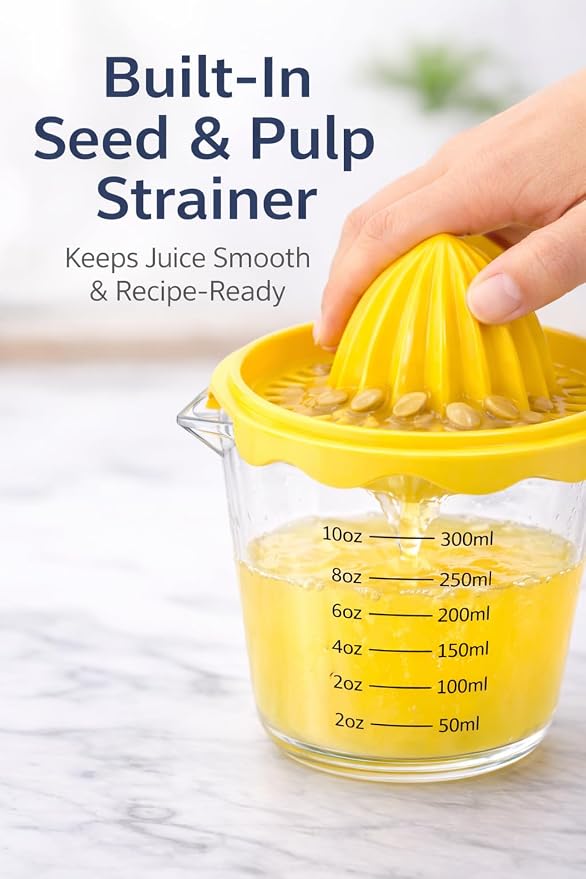 Manual Citrus Juicer with 10oz 300ml Measuring Cup, Lemon Lime Orange Reamer with Built-In Strainer, BPA Free Hand Squeezer with Pour Spout & Handle