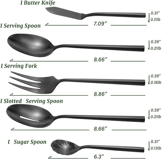 DEACORY Silverware Set with Serving Utensil Set Matte Black Flatware Set Hand Forged Stainless Steel Cutlery Set 45 Pieces Matte Finished Hexagon Handle Service for 8