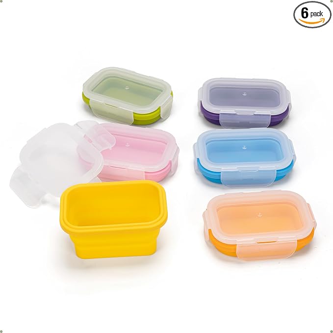 Collapsible Food Storage Containers with Lids, Small Silicone Snack Containers, Stackable Portion Control Containers, Mini Fridge Organizer, Microwave Freezer Dishwasher Safe, 6.5oz, 6 Pack