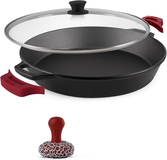 Cuisinel Cast Iron Skillet + Glass Lid + Red Chainmail Scrubber - 15"-Inch Dual Handle Braiser Frying Pan + Silicone Handle Covers - Pre-Seasoned Oven Cookware - Indoor/Outdoor. PFAS and PFOA-free