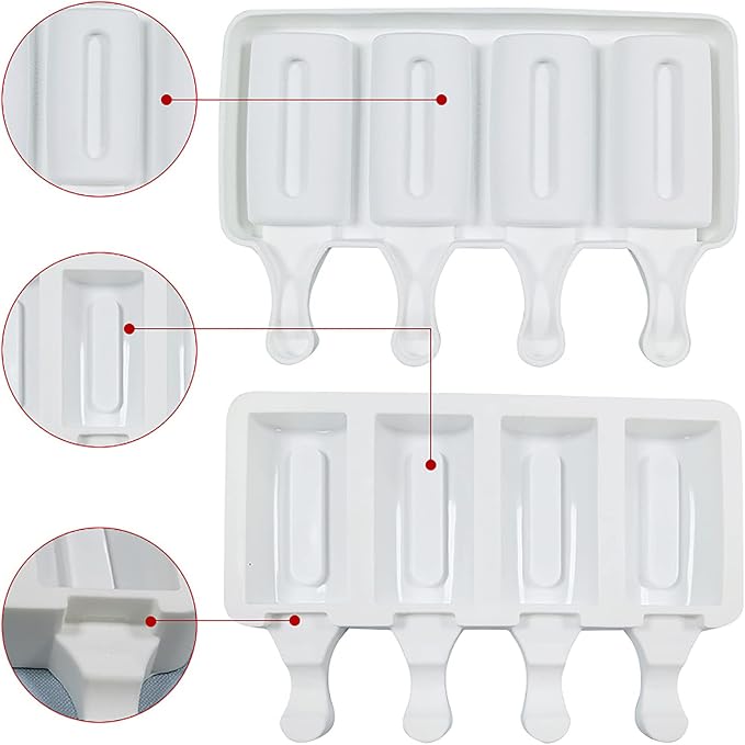 Vilihkc 2 Pack Popsicle Molds 4 Cavities Homemade Silicone Popsicle Molds for Kids Ice Pop Molds with 50 Wooden Sticks for DIY Ice Popsicle