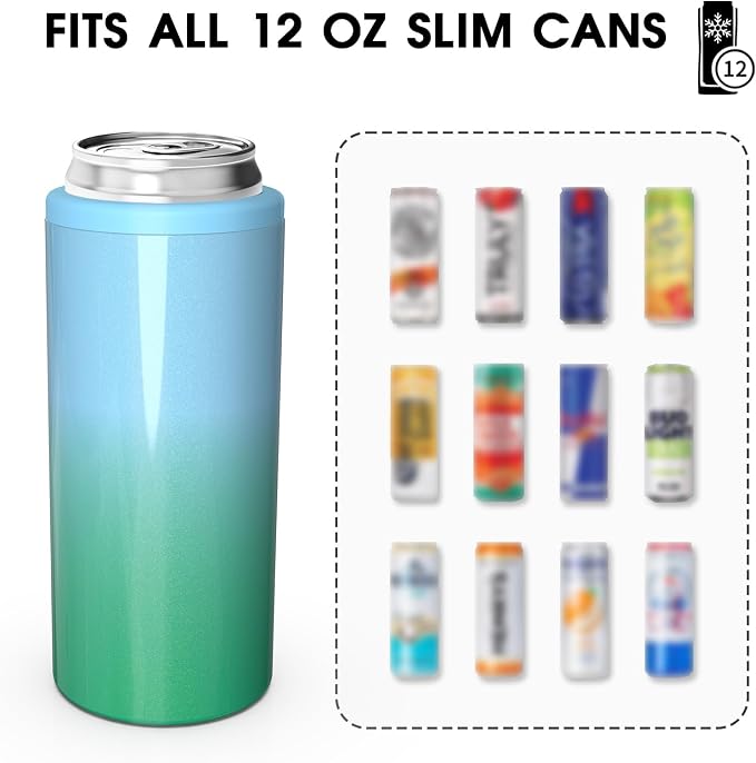 TILUCK Skinny Can Cooler, Stainless Steel Insulated Slim Cans, 12 oz | Beer & Hard Seltzer, Doucle-Walled Stainless Steel Insulated Slim Cans, Slim 12 oz(Teal Gradient)