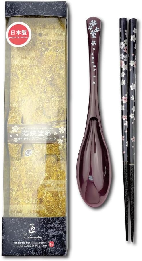 Premium Japanese Chopsticks with Spoon Reusable [ Made in Japan ] Traditional Lacquer Art Wooden Chopsticks (Flower PU(MK003))
