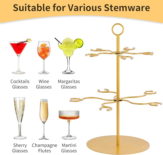 QPIX DIGITAL Champagne Tower,Metal Cocktail Tree Stand 2 Tier - 10 Holders For Champagne, Cocktails, Martini, Margarita Cups at Weddings,Bridal Parties & Events,Cocktail Glass Gold Holder