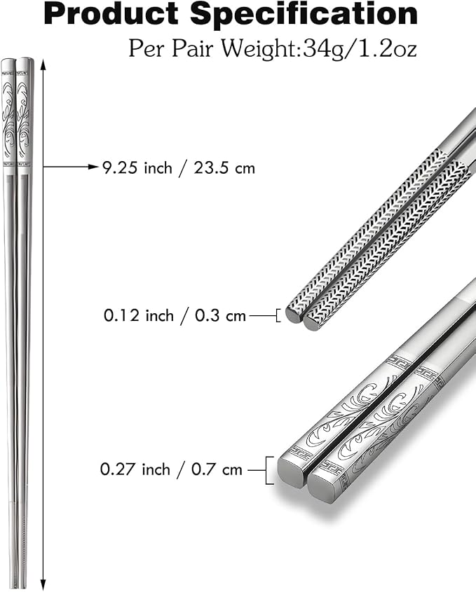 Metal Chopsticks,SUS304 Stainless Steel,5 Pairs Gift set,Reed | Dishwasher Safe,Non-Slip Grip,Good for Beginners,Come in a Gift Box,SUS304 Resistant to Rust,Square,Chop Sticks Silver,9.25''