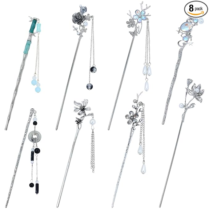 inSowni 8 Pcs Retro Vintage Asian Chinese Traditional Hanfu Silver Metal Flower Hair Sticks with Pearl Bead Pendants Bamboo Lotus Long Hair Chopsticks Forks Bun Updo Holders Hairpins for Women Girls