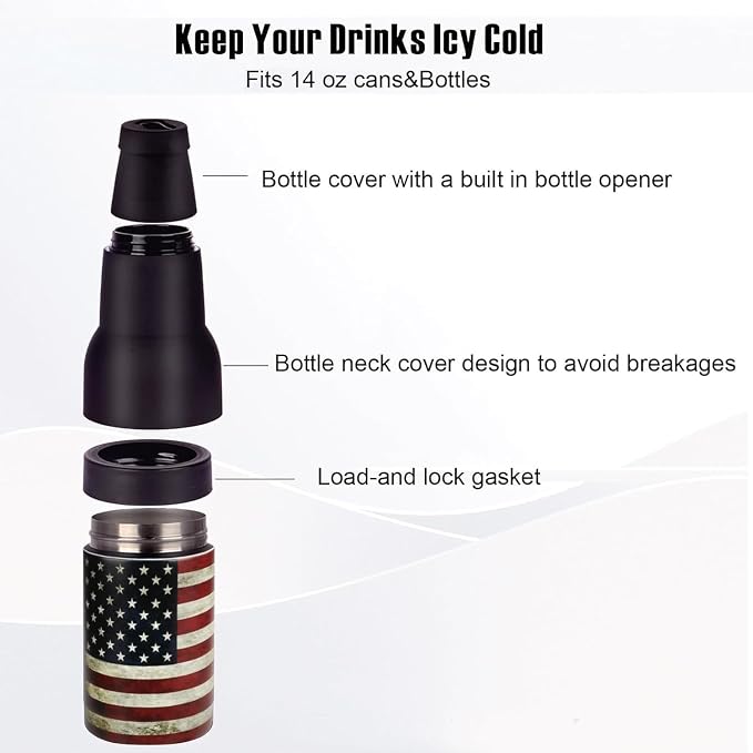 Stepstall 14 oz. Beer Bottle and Can Cooler with Beer Opener,3 in 1 Slim Can Beer Bottle Insulators Holder, Stainless Steel Double Walled Insulated Can Cooler for Beer,Soda, Flag
