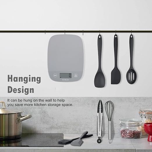 NUTRI FIT Food Scale Kitchen Scales Digital Weight Grams and Ounces for Baking Cooking, Weighing Scale Portion Control, Max 11lb 1g Increment 6 Units Smart Tare Hanging Storage, Gray