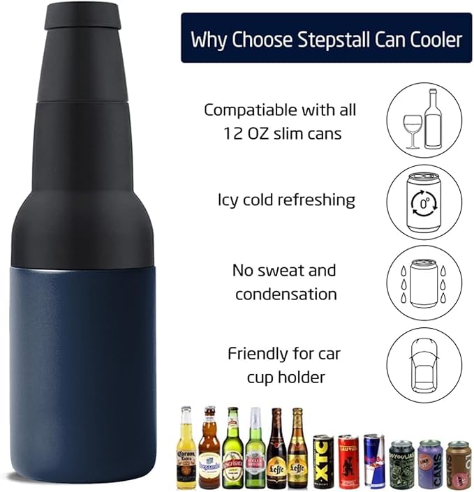 Stepstall Beer Gifts for Men - Beer Bottle Cooler with Opener, 12 oz. Slim Can Insulator (Navy Blue)