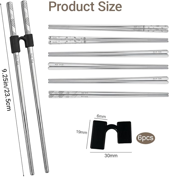 6Pairs Stainless Steel Chopsticks with Training Helper Grips, Reusable Metal Chopsticks with Laser Engraved Non-Slip Tips (9.25 Inches)