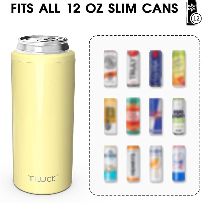 TILUCK Skinny Can Cooler, Stainless Steel Insulated Slim Cans, 12 oz | Beer & Hard Seltzer, Doucle-Walled Stainless Steel Insulated Slim Cans, Slim 12 oz(Lemon)