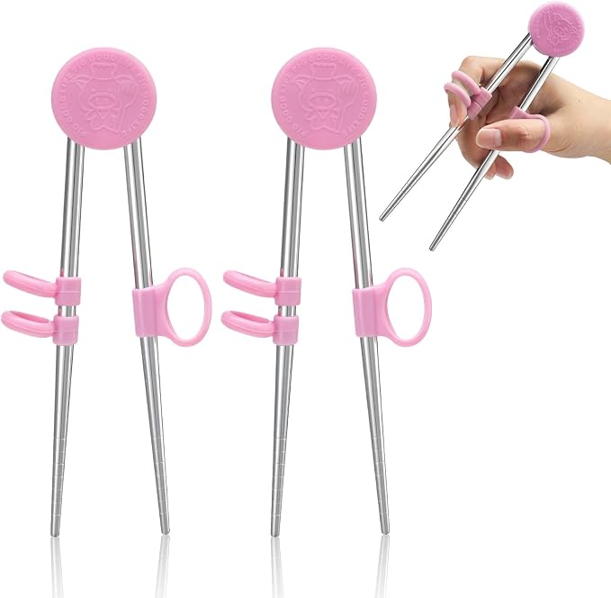 Patelai 2 Pairs Training Chopsticks for Kids, Learning Practice Chopsticks for Toddler Children Beginners Baby Non-slip Silicone Reusable Stainless Steel Metal Helper Tool(Pink)