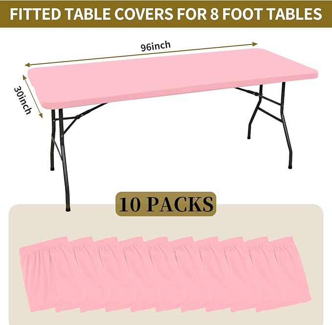 10 Pack Fitted Tablecloth for 8 Foot Rectangle Tables, Pink Elastic Outdoor Picnic Table Cover, Washable Stretch Folding Table Cloths 8 ft for Camping Party Patio Kitchen Banquet, 30" W x 96" L