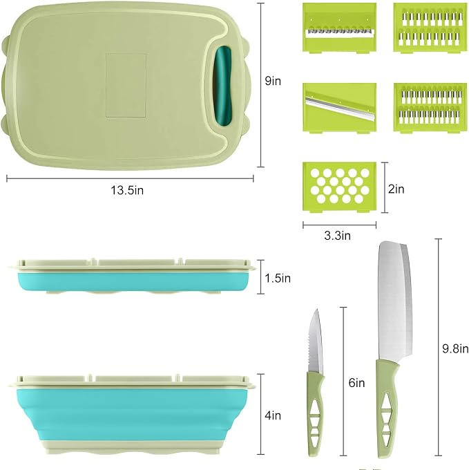 Gintan Camping Cutting Board, 9-in-1 Collapsible Chopping Board with Colander, Kitchen Vegetable Washing Basket for Camping, Camping Gifts Camping essentials for RV Campers (Blue Green)