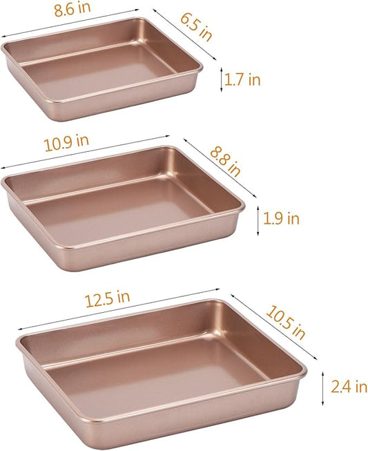 Nonstick Roasting Pan, Deep Baking Pan Set, Large Cake Pan Sets for Oven, 3-Piece Brownie Pan （Gold）