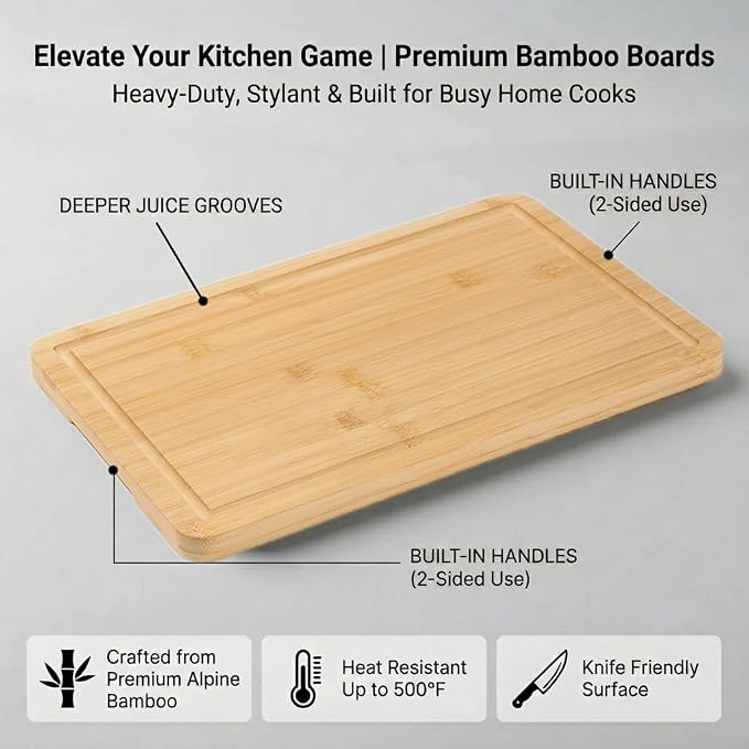 Bamboo Cutting Board Set of 3 with Stand | Natural Sustainable Wood Chopping Boards for Kitchen | Mess-Free Juice Grooves & Comfortable Side Handles | Gentle on Knife Blades, Durable
