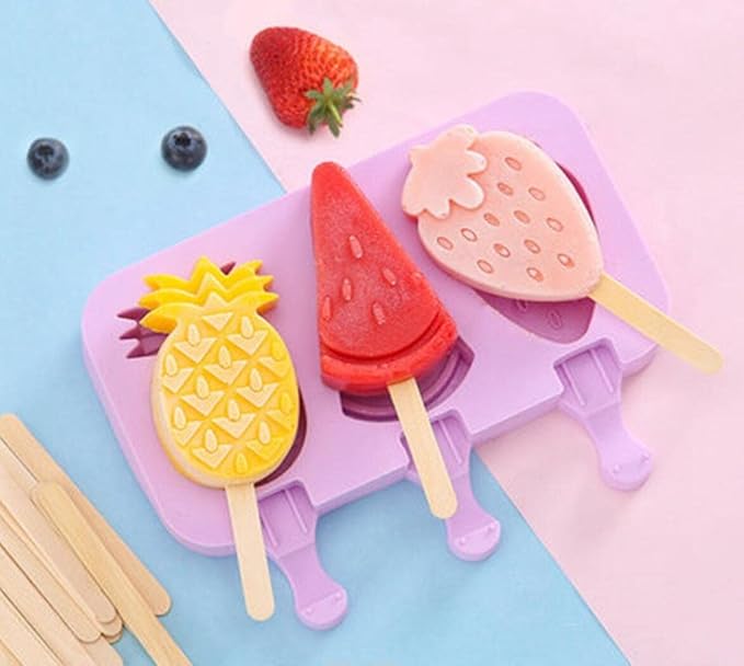 Cute Fruit Popsicle Maker Silicone Strawberry Ice Pop Molds Homemade Popsicle Silicone Mold with 100pcs Popsicle Sticks Reusable Easy Release Watermelon Ice Pop Maker (Pineapple)