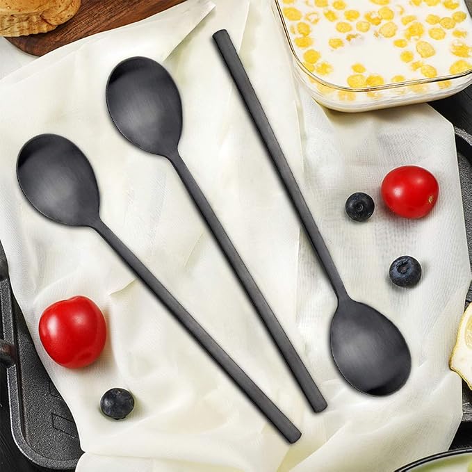 Soup Spoon, Korean Spoons, 8 Pieces Stainless Steel Asian Soup Spoon,8.5 Inch Long Handle Korean Dinner Ramen Spoons for Home Kitchen or Restaurant (Black)