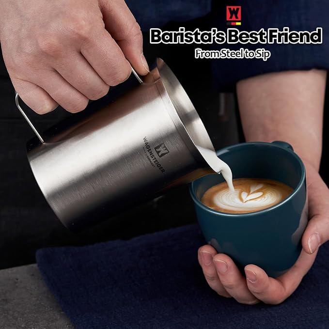 WAGENSTEIGER 18/8 Stainless Steel Measuring Cup: Metal Measuring Pitcher with Engraved Oz & ml Markings, Precision Pour Spout & Sturdy Handle – Baking, Coffee & Barista Use (500ml / 16.9Oz)