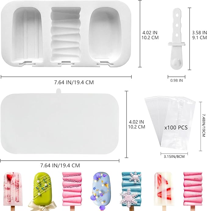 3 Pack Popsicle Mold, Silicone Cakesicle Molds, with Sticks & Bags, White | Comes with 9 Reusable Sticks & 100 Packaging Bags, Perfect for DIY Homemade Frozen Desserts & Cake Pops