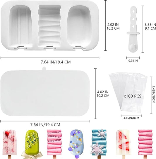3 Pack Popsicle Mold, Silicone Cakesicle Molds, with Sticks & Bags, White | Comes with 9 Reusable Sticks & 100 Packaging Bags, Perfect for DIY Homemade Frozen Desserts & Cake Pops