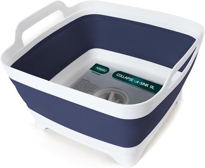 FOSJGO Collapsible Dish Basin with Drain Plug, Foldable Sink, 2.4 Gal (9L) | Space-Saving Wash Basin for Kitchen, Baby Bottles, Vegetable Washing, Camping, RV and Party Beverage Tubs