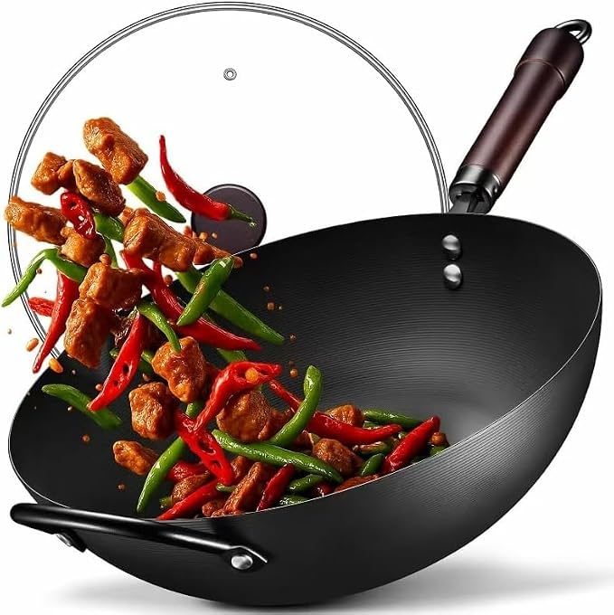 FGJ Wok, 13 Inch Carbon Steel Woks & Stir-fry Pans Nonstick Roasting Pan | Pre-Seasoned 5.8QT Flat Bottom Chinese Wok Roasting Pan with lid,PFOA/PTFE free Cookware Compatible with All Cooktops