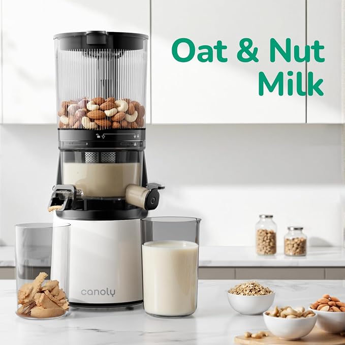 Canoly 3-in-1 Cold Press Juicer C16, Makes Juice & Sorbet & Nut Milk | 6" Extra Wide Feed Chute, Powerful AC Brushless Motor, Self Precut System, Juicer Machines with BPA-Free (Pearl White)