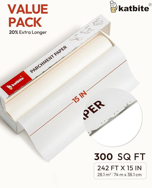 Katbite 2 Pack 15in x 242ft Parchment Paper Roll, 300 Sq. Ft Non-stick Baking Paper with Serrated Cutter, Perfect for Cooking, Air Fryer, Steaming, Bread - Value Pack