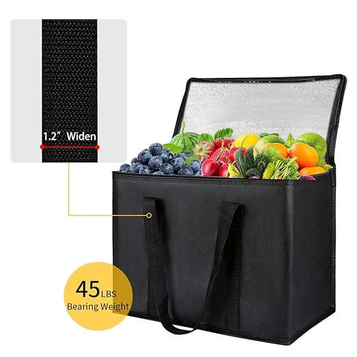 1-Pack Insulated Reusable Grocery Shopping Bags, X-Large, Black | Insulated Food Delivery Bag, For Drivers/Catering/Rideshare, Commercial Food Warmer, Tote Cooler Bags, Heavy Duty, Picnic