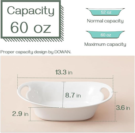 DOWAN Large Serving Bowls with Handles, 60 OZ Oval Serving Platter for Turkey, Fruit Salad Serving Dishes for Entertaining, Porcelain Pasta Bowls for Thanksgiving Day, Parties, Set of 2, Soft White