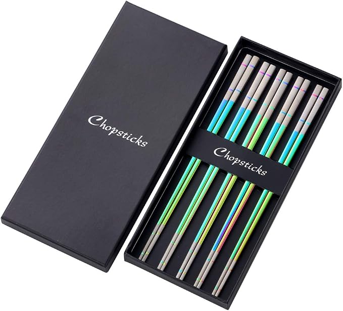 Buyer Star 5-Pair Stainless Steel Metal Reusable Rainbow Chinese Square Chopsticks
