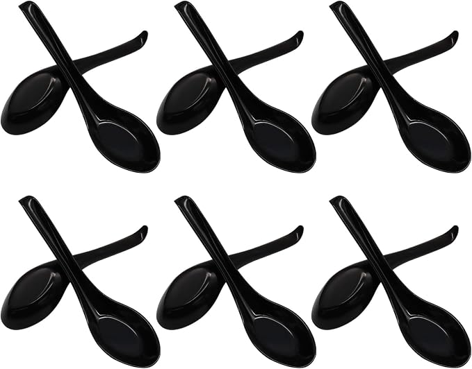 12 Pcs Soup Spoons Long Handle with Hook, Black | Asian Soup Spoons, For Chinese Japanese Dishes, Miso Ramen Dumpling Pho, Rice Noodle & Soba Soup